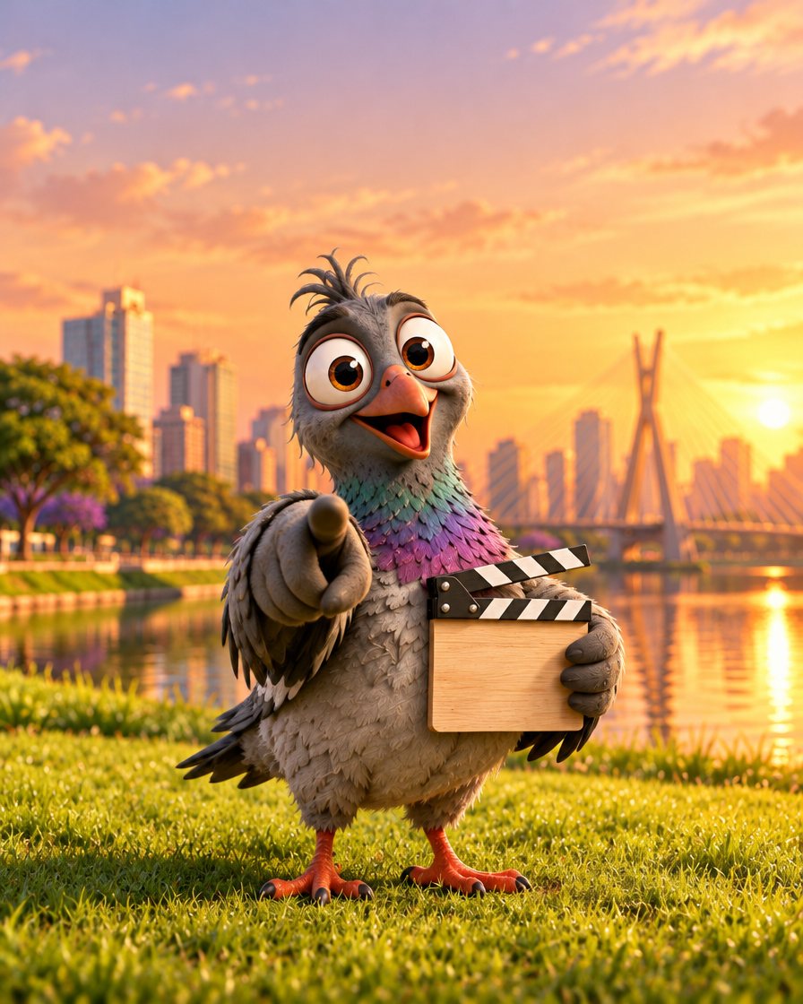 Pombo cineasta da Tamer Studios segurando uma claquete