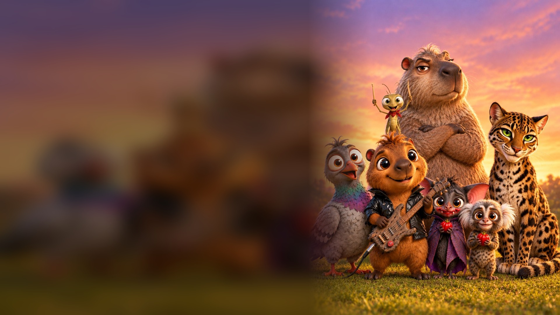 Elenco original de personagens da Tamer Studios reunido ao pôr do sol